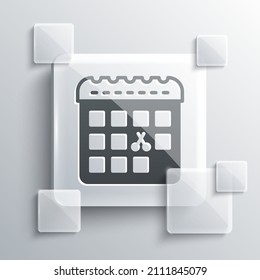 Grey Calendar with haircut day icon isolated on grey background. Haircut appointment concept. Square glass panels. Vector