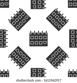 Grey Calendar with heart icon isolated seamless pattern on white background. Valentines day. Love symbol. February 14.  Vector Illustration