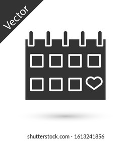 Grey Calendar with heart icon isolated on white background. Valentines day. Love symbol. February 14.  Vector Illustration