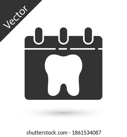 Grey Calendar with tooth icon isolated on white background. International Dentist Day, March 6. March holiday calendar. Vector.