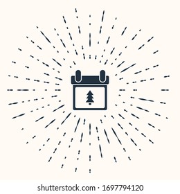 Calendario gris con icono de árbol aislado en fondo beige. Símbolo de aviso de evento. Feliz Navidad y Feliz Año Nuevo. Puntos aleatorios del círculo abstracto. Ilustración vectorial
