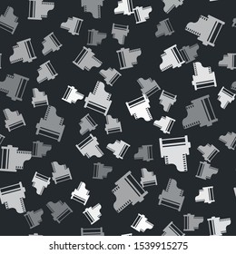 Grey Camera vintage film roll cartridge icon isolated seamless pattern on black background. Film reel. 35mm film canister. Filmstrip photographer equipment.  Vector Illustration
