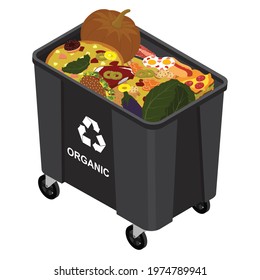 Grey can with sorted oraganic garbage isolated on white background vector icon. Recycling garbage separation. Recycling concept - plastic recycling bin full of organic waste