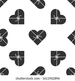 Grey Candy in heart shaped box and bow icon isolated seamless pattern on white background. Valentines Day.  Vector Illustration