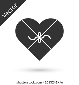 Grey Candy in heart shaped box and bow icon isolated on white background. Valentines Day.  Vector Illustration