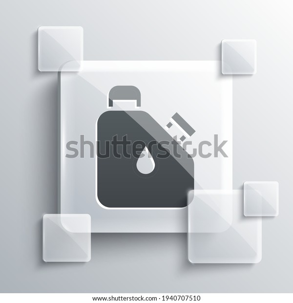 Grey Canister for flammable liquids\
icon isolated on grey background. Oil or biofuel, explosive\
chemicals, dangerous substances. Square glass panels.\
Vector