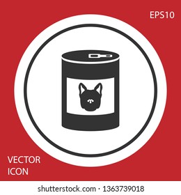 Grey Canned food for dog icon isolated on red background. Food for animals. Pet dog food can. White circle button. Vector Illustration