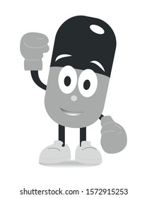 Grey capsule characters with shadows. Strong guard pill in boxing gloves. Flat cartoon character illustration icon design. Isolated on white background. Medical and health concept.