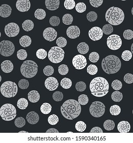Grey Car brake disk with caliper icon isolated seamless pattern on black background.  Vector Illustration