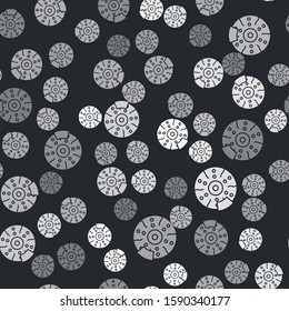 Grey Car brake disk with caliper icon isolated seamless pattern on black background.  Vector Illustration