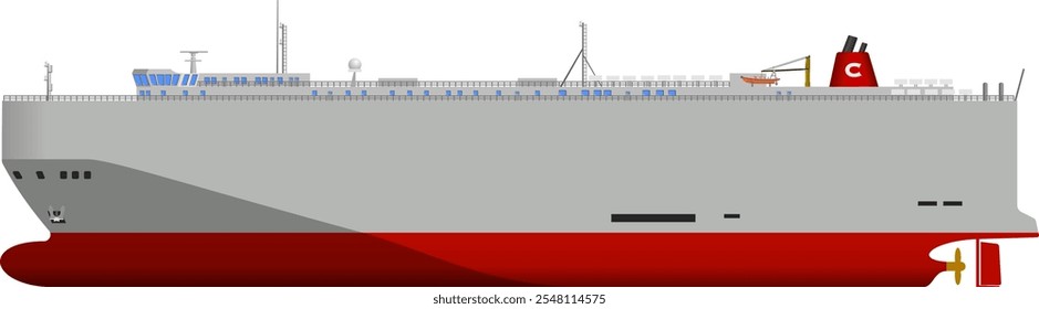 Grey Car Carrier Ship. Side profile of a car transporter vessel viewed from the port side. Isolated vector illustration.