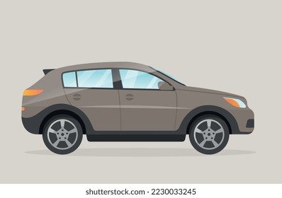 Grey car icon. Graphic element for printing on fabric, symbol of speed and travel on road and highway. Vehicles for camping and hiking. Comfort and convenience. Cartoon flat vector illustration