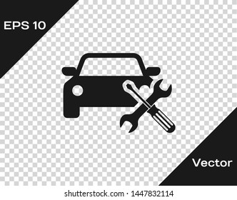 Grey Car with screwdriver and wrench icon isolated on transparent background. Adjusting, service, setting, maintenance, repair, fixing.  Vector Illustration