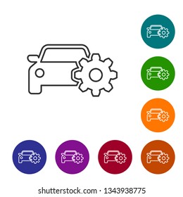 Grey Car service line icon isolated on white background. Auto mechanic service. Mechanic service. Repair service auto mechanic. Maintenance sign. Vector Illustration