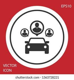 Grey Car sharing with group of people icon isolated on red background. Carsharing sign. Transport renting service concept. White circle button. Vector Illustration