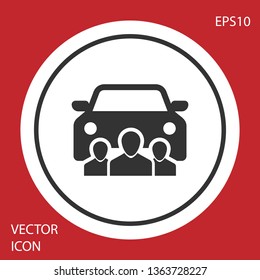 Grey Car sharing with group of people icon isolated on red background. Carsharing sign. Transport renting service concept. White circle button. Vector Illustration