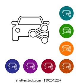Grey Car sharing line icon isolated on white background. Carsharing sign. Transport renting service concept. Set icon in color circle buttons. Vector Illustration