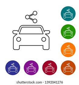 Grey Car sharing line icon isolated on white background. Carsharing sign. Transport renting service concept. Set icon in color circle buttons. Vector Illustration
