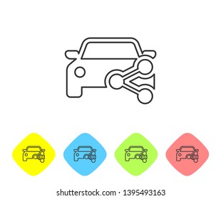 Grey Car sharing line icon isolated on white background. Carsharing sign. Transport renting service concept. Set icon in color rhombus buttons. Vector Illustration