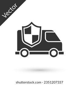 Graues Auto mit Schild Symbol einzeln auf weißem Hintergrund. Versicherungskonzept. Sicherheit, Sicherheit, Schutz, Schutzkonzept.  Vektorgrafik