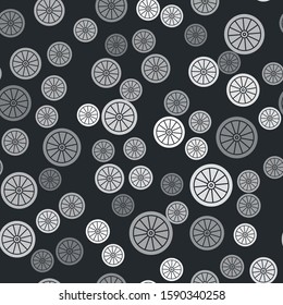 Grey Car wheel icon isolated seamless pattern on black background.  Vector Illustration