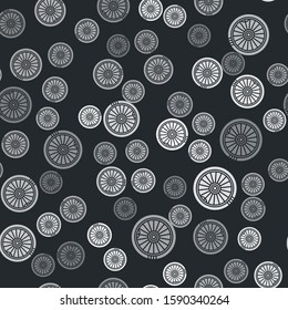 Grey Car wheel icon isolated seamless pattern on black background.  Vector Illustration