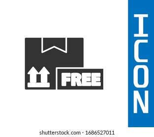 Grey Cardboard box with free symbol icon isolated on white background. Box, package, parcel. Delivery, transportation and shipping.  Vector Illustration