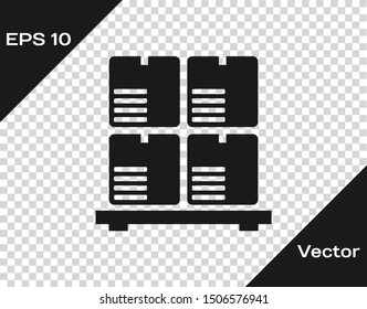 Grey Cardboard boxes on pallet icon isolated on transparent background. Closed carton delivery packaging box with fragile signs.  Vector Illustration