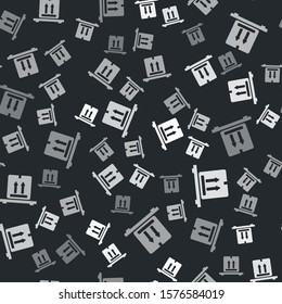 Grey Cardboard boxes on pallet icon isolated seamless pattern on black background. Closed carton delivery packaging box with fragile signs.  Vector Illustration