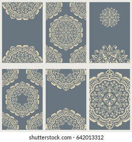 Grey cards with floral ornaments vector template. Set of design for printed materials.