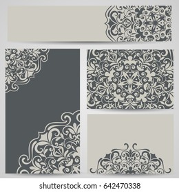 Grey cards with floral ornaments vector template. Set of design for printed materials.