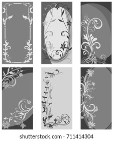 Grey cards with floral ornaments vector template. Set of design for printed materials.