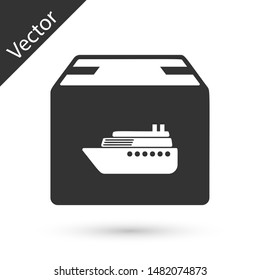 Grey Cargo ship with boxes delivery service icon isolated on white background. Delivery, transportation. Freighter with parcels, boxes, goods.  Vector Illustration