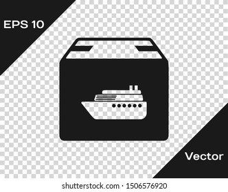Grey Cargo ship with boxes delivery service icon isolated on transparent background. Delivery, transportation. Freighter with parcels, boxes, goods.  Vector Illustration