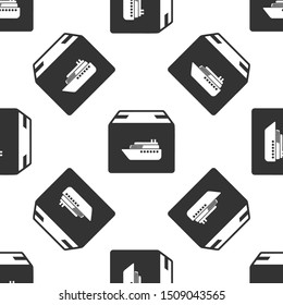 Grey Cargo ship with boxes delivery service icon isolated seamless pattern on white background. Delivery, transportation. Freighter with parcels, boxes, goods.  Vector Illustration