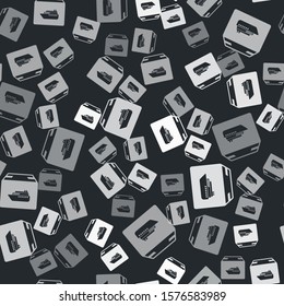 Grey Cargo ship with boxes delivery service icon isolated seamless pattern on black background. Delivery, transportation. Freighter with parcels, boxes, goods.  Vector Illustration