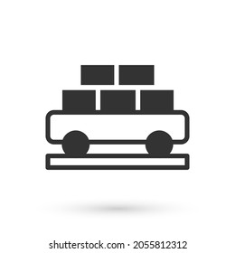 Grey Cargo train wagon icon isolated on white background. Full freight car. Railroad transportation.  Vector