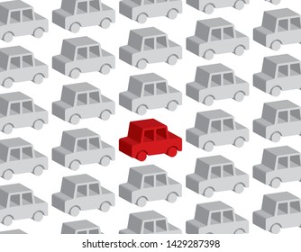 grey cars background, red car stands out, vector illustration 