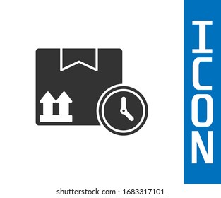 Grey Carton cardboard box and fast time delivery icon isolated on white background. Box, package, parcel sign. Delivery and packaging.  Vector Illustration