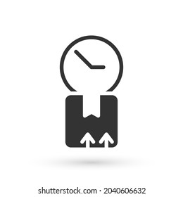 Grey Carton cardboard box and fast time delivery icon isolated on white background. Box, package, parcel sign. Delivery and packaging.  Vector