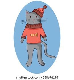 Grey cartoon cat in cap and a sweater with fish