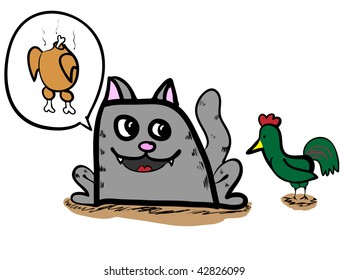 Grey cartoon cat with chicken. Vector