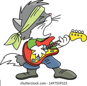 Grey cartoon cat playing electronic guitar and singing rock and roll vector illustration