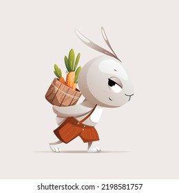 Grey cartoon character rabbit carries a barrel of carrots vector illustration