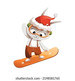 Grey cartoon character rabbit in a Christmas hat riding a snowboard vector illustration