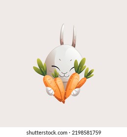 Grey cartoon character rabbit holding a lot of carrots in his hands vector illustration