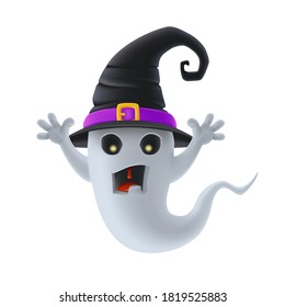 Grey cartoon Halloween ghost, monster, witch wearing hat.
