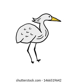 Grey cartoon heron animal. Hand drawn vector ink illustration isolated on white background. Childish style.