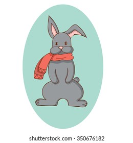 Grey cartoon rabbit with a scarf in a blue oval,vector illustration