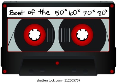 Grey Cassette Tape with Red Reels and See Through Window and Best of 50's 60's 70's 80's text